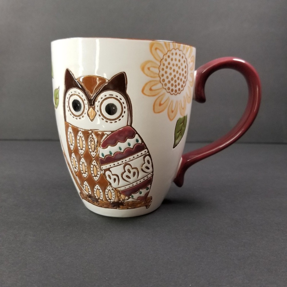Embossed Owl and Sunflower Ceramic Coffee Mug Burgundy Handle Nature Boho